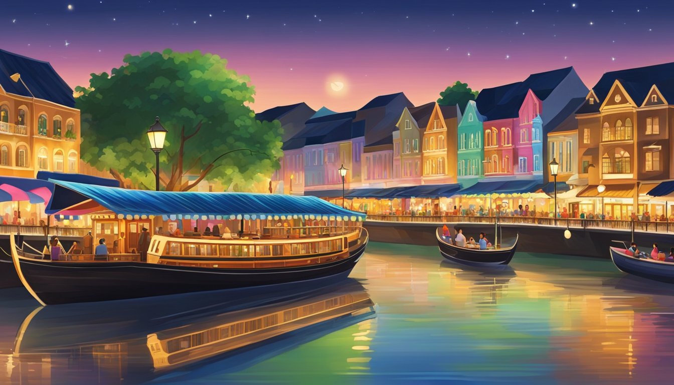 Vibrant lights reflect off the calm waters of Clarke Quay. Colorful buildings line the riverside, with bustling restaurants and bars creating a lively atmosphere. Boats gently glide along the river, adding to the energetic ambiance