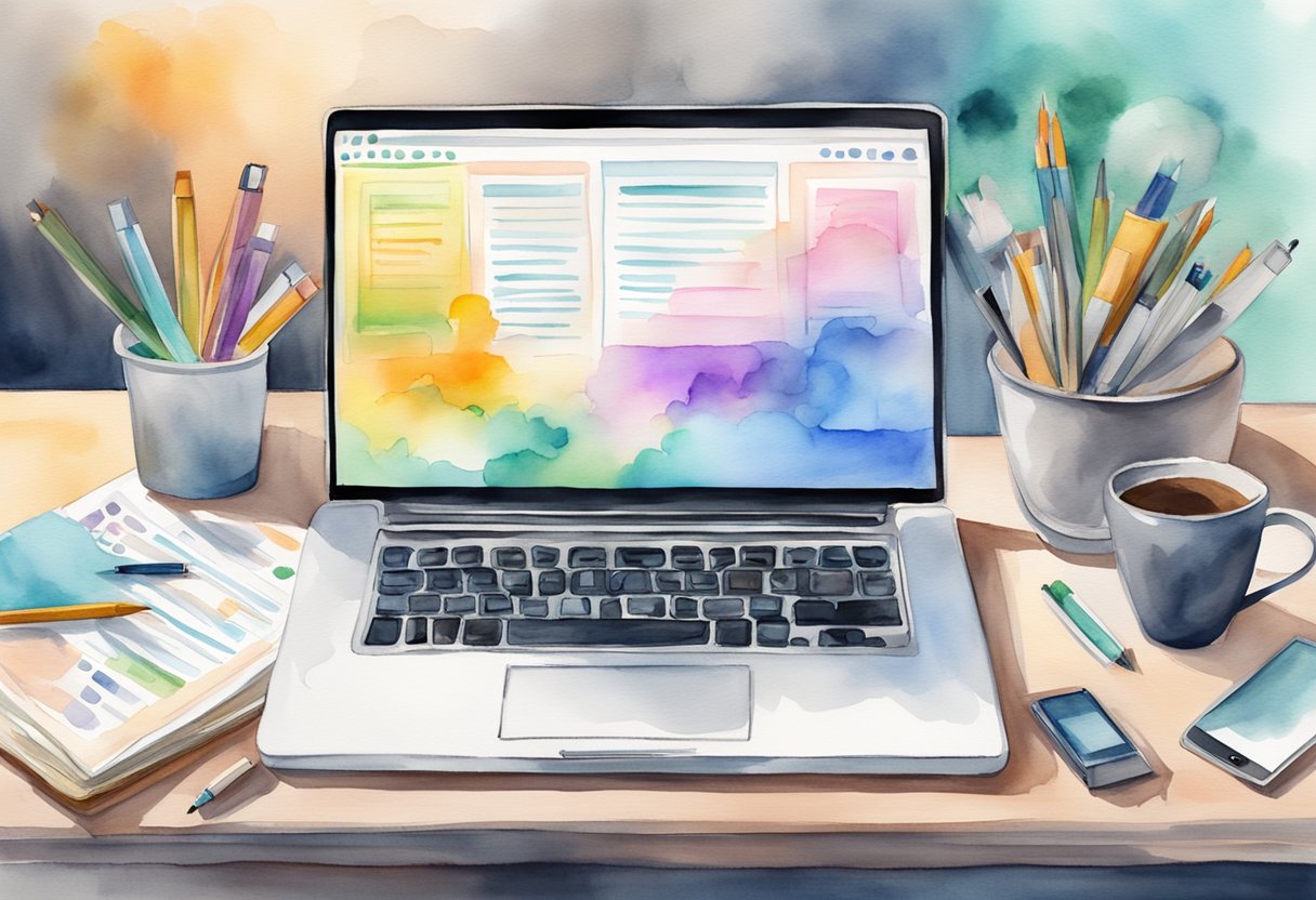 A laptop displaying various digital marketing tools and strategies, surrounded by books and notes on marketing techniques