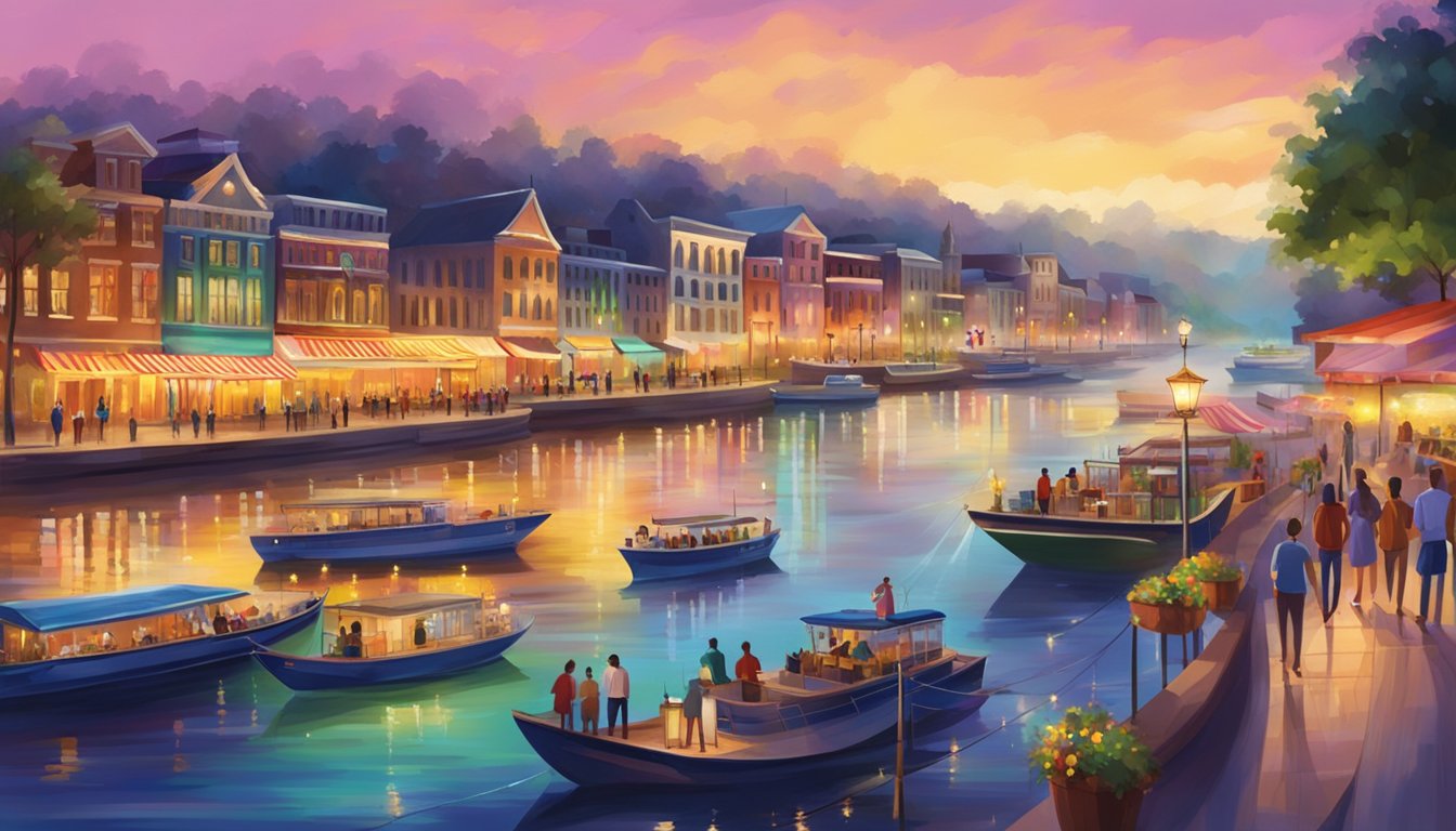 Colorful lights illuminate the lively riverfront. Restaurants and bars buzz with activity. Boats glide along the water, creating a vibrant atmosphere