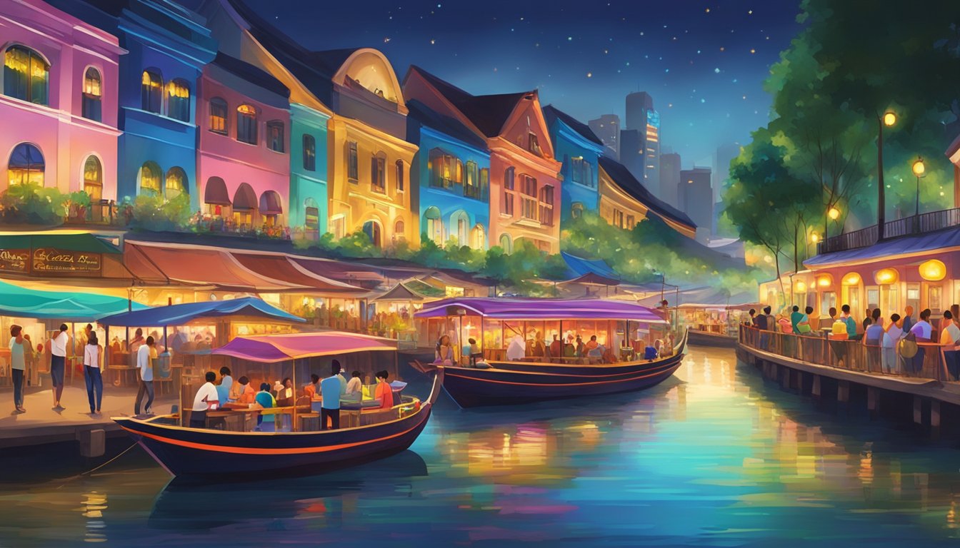 Colorful boats line the bustling river, with vibrant lights reflecting off the water. People gather at lively bars and restaurants, enjoying the energetic atmosphere of Clarke Quay in Singapore