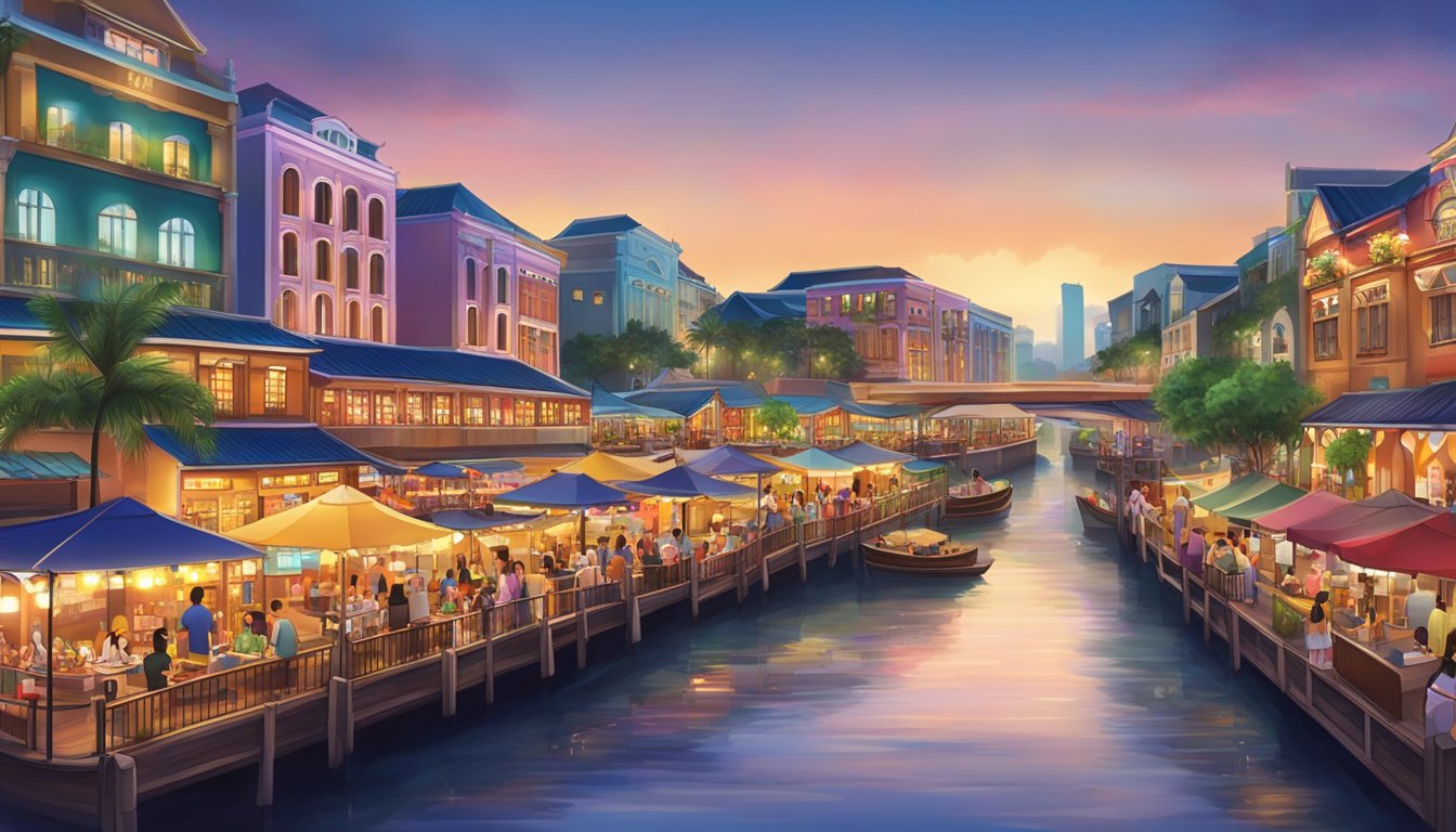 Vibrant Clarke Quay at dusk, with colorful buildings lining the river, bustling with activity and lively music from the various bars and restaurants