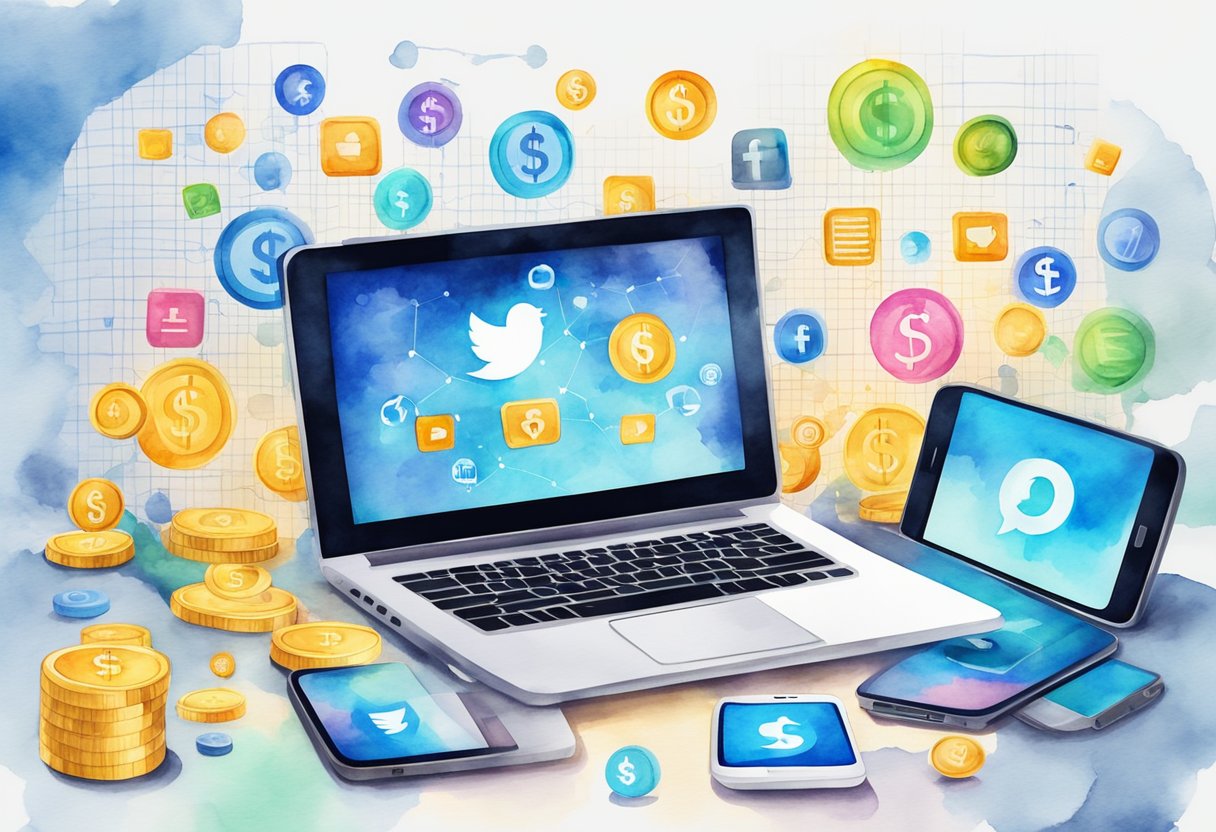 A laptop and smartphone surrounded by social media icons and dollar signs, with a graph showing increasing profits in the background