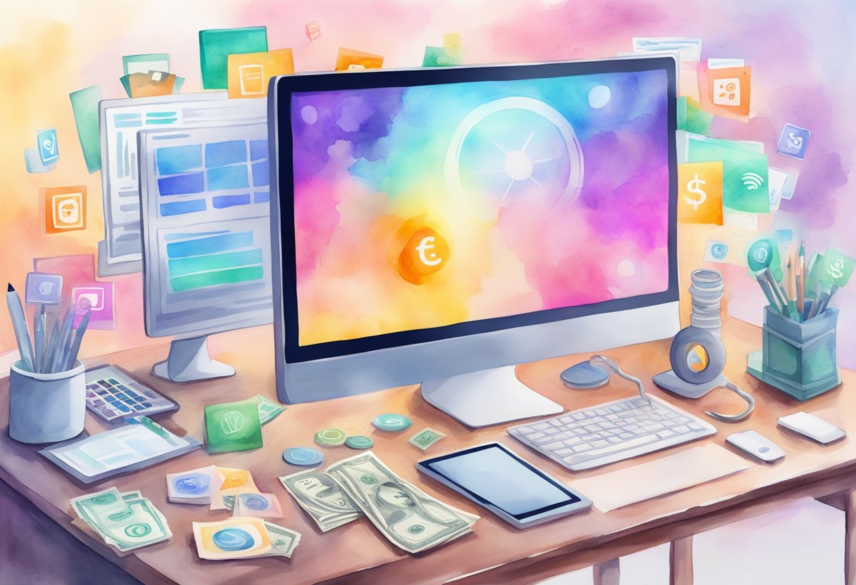 A computer with a digital marketing strategy on the screen, surrounded by money symbols and content creation tools