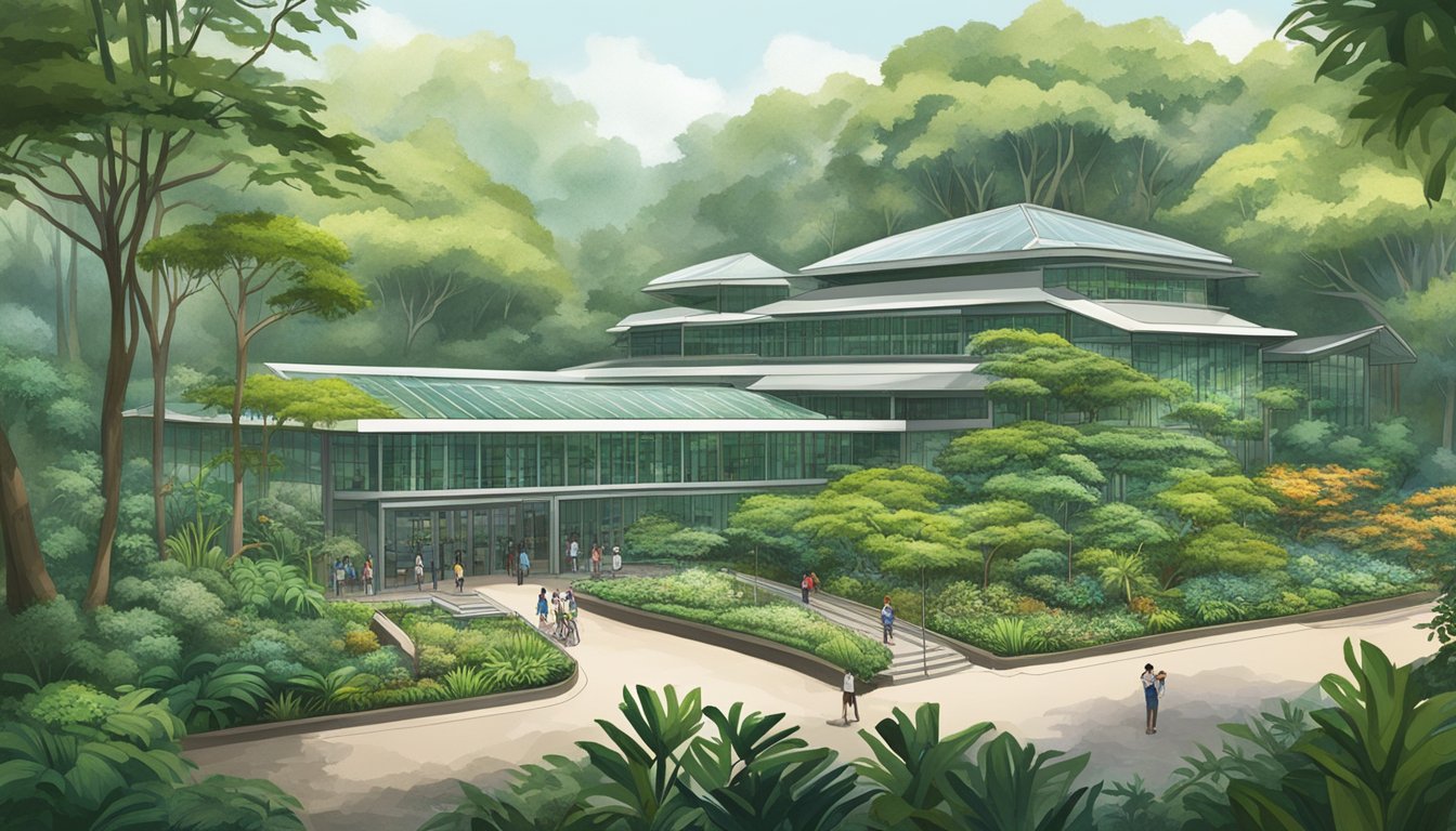 Lush greenery surrounds a bustling research center at Singapore Botanic Gardens, where scientists and conservationists work diligently to preserve and study the diverse flora and fauna of the region