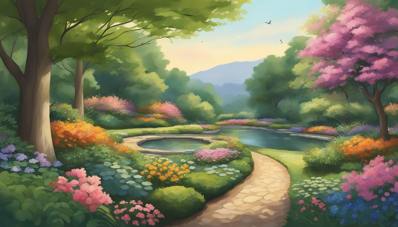 Lush greenery surrounds a winding path, leading to vibrant flower beds and tranquil ponds. Towering trees provide shade as birds chirp and butterflies flit about. A sense of serenity and natural beauty permeates the scene