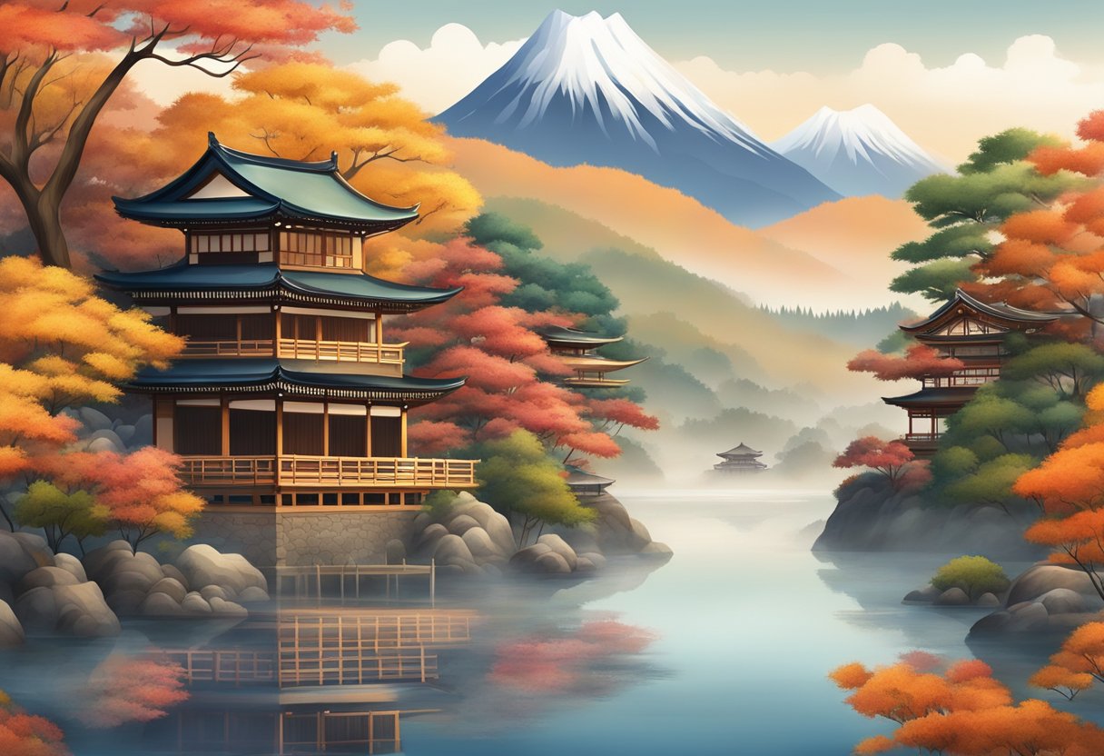 Vibrant autumn foliage decorates traditional Japanese architecture, with a backdrop of misty mountains and tranquil rivers