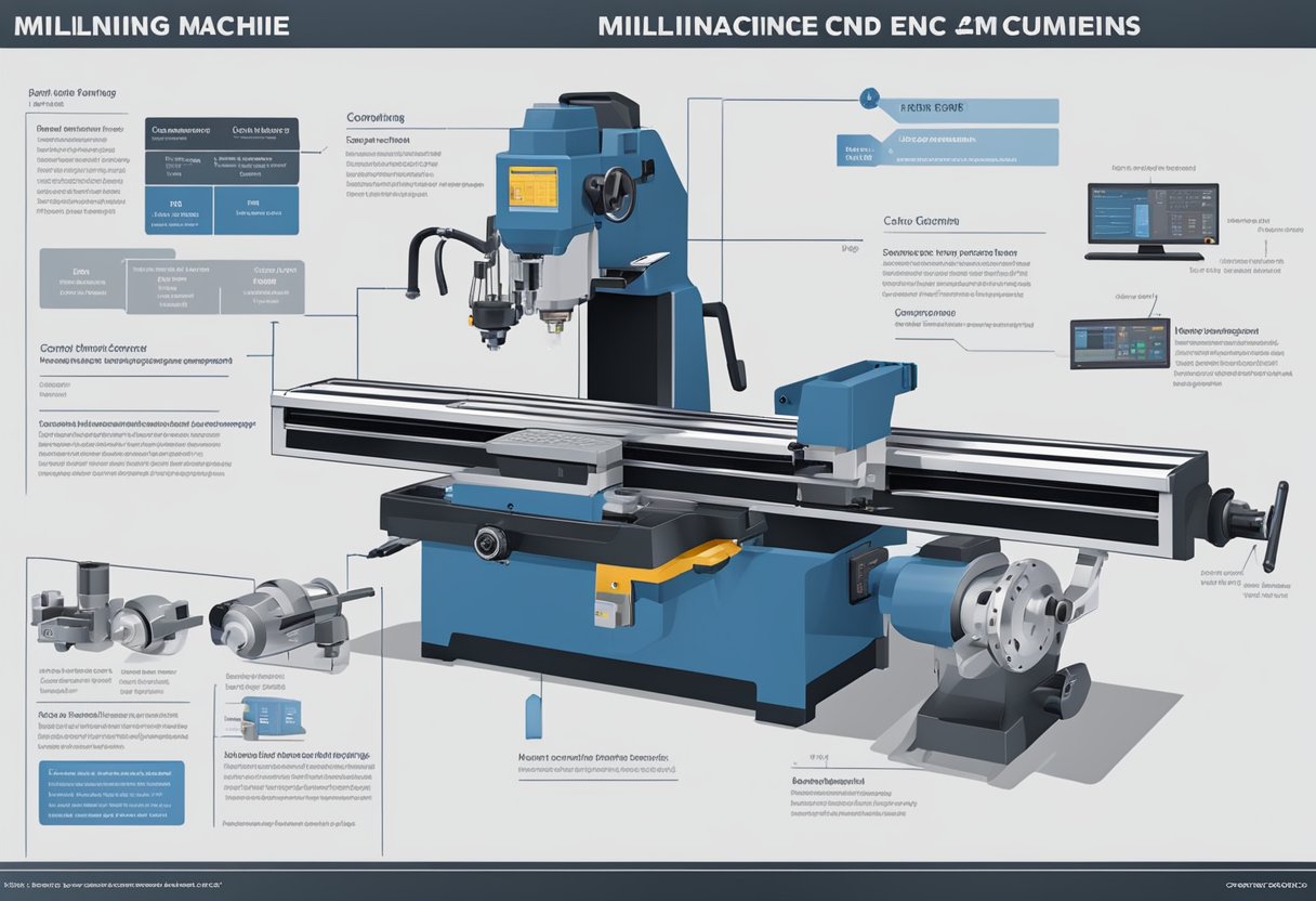The milling machine with CNC is powered on, with the machine overview showing the various components and controls in operation