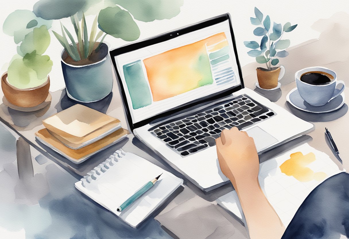 A laptop displaying ChatGPT interface with a person typing. A notepad with blog post ideas and a coffee mug sit nearby