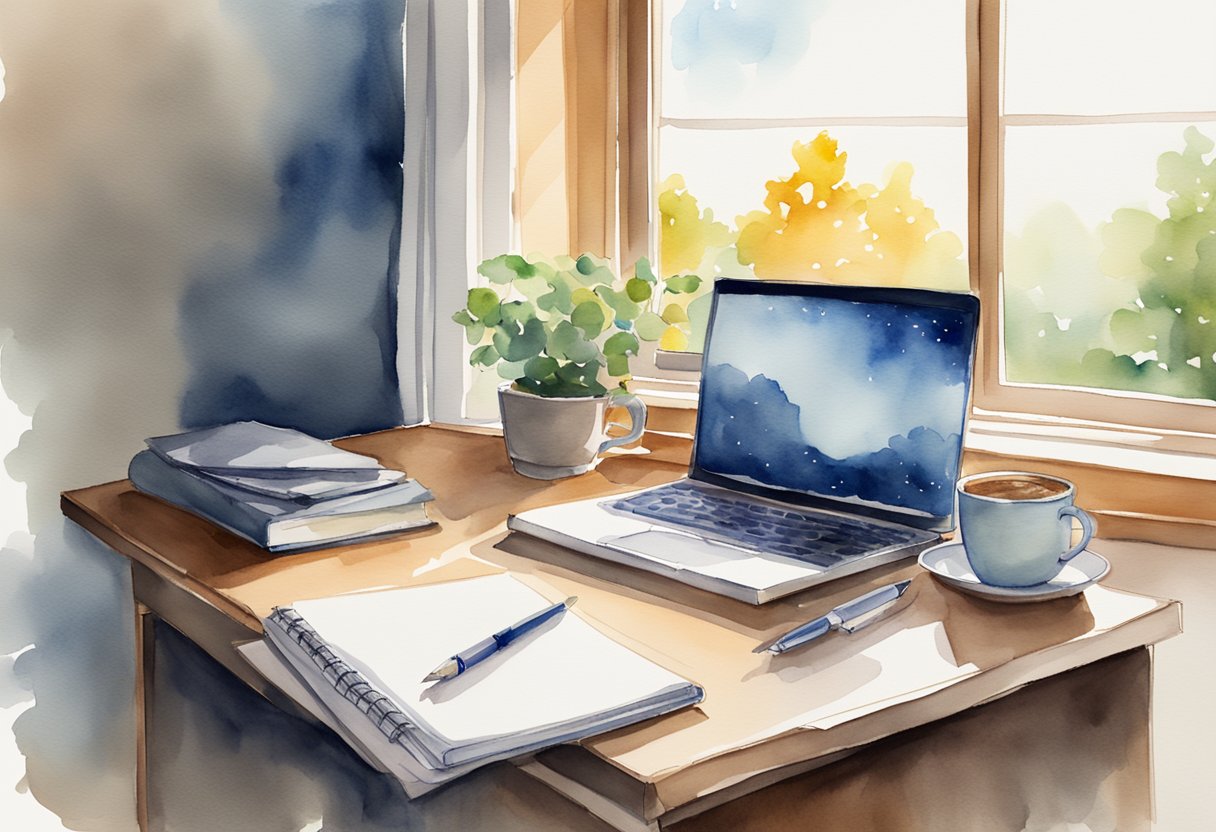 A desk with a computer, notebook, and pen. A mug of coffee sits nearby. The room is well-lit with natural light from a window