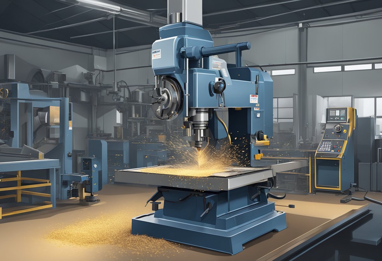 A turning milling machine in a metal workshop, with metal shavings flying as the machine cuts and shapes the metal