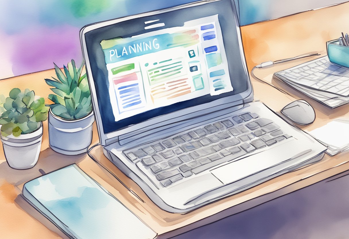 A computer screen displays a chatbot interface with the words "Planning Your Blog Post" and "How to Use ChatGPT to Write a Blog Post" in bold letters. A keyboard and mouse sit on the desk