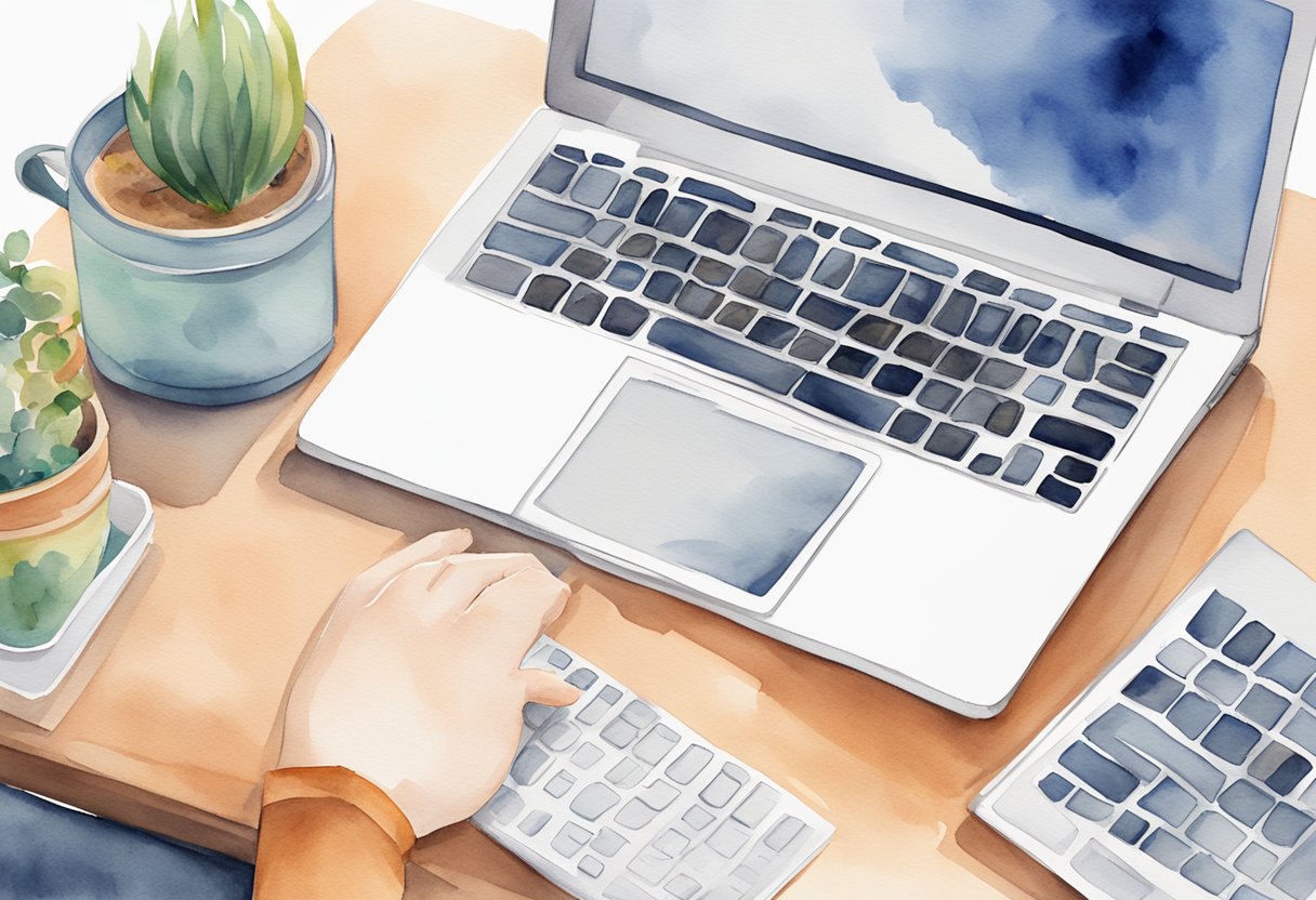 A laptop open on a desk, with a blank document on the screen and the ChatGPT website open in the browser. A person's hand hovers over the keyboard, ready to start typing