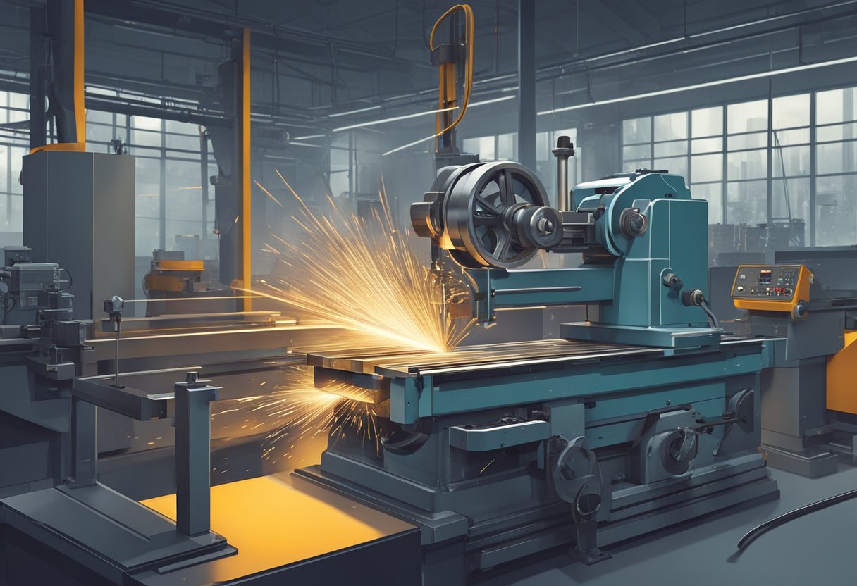 A lathe milling machine for metal is being operated by a worker in a workshop. Sparks fly as the machine cuts and shapes the metal, creating a dynamic and industrial scene