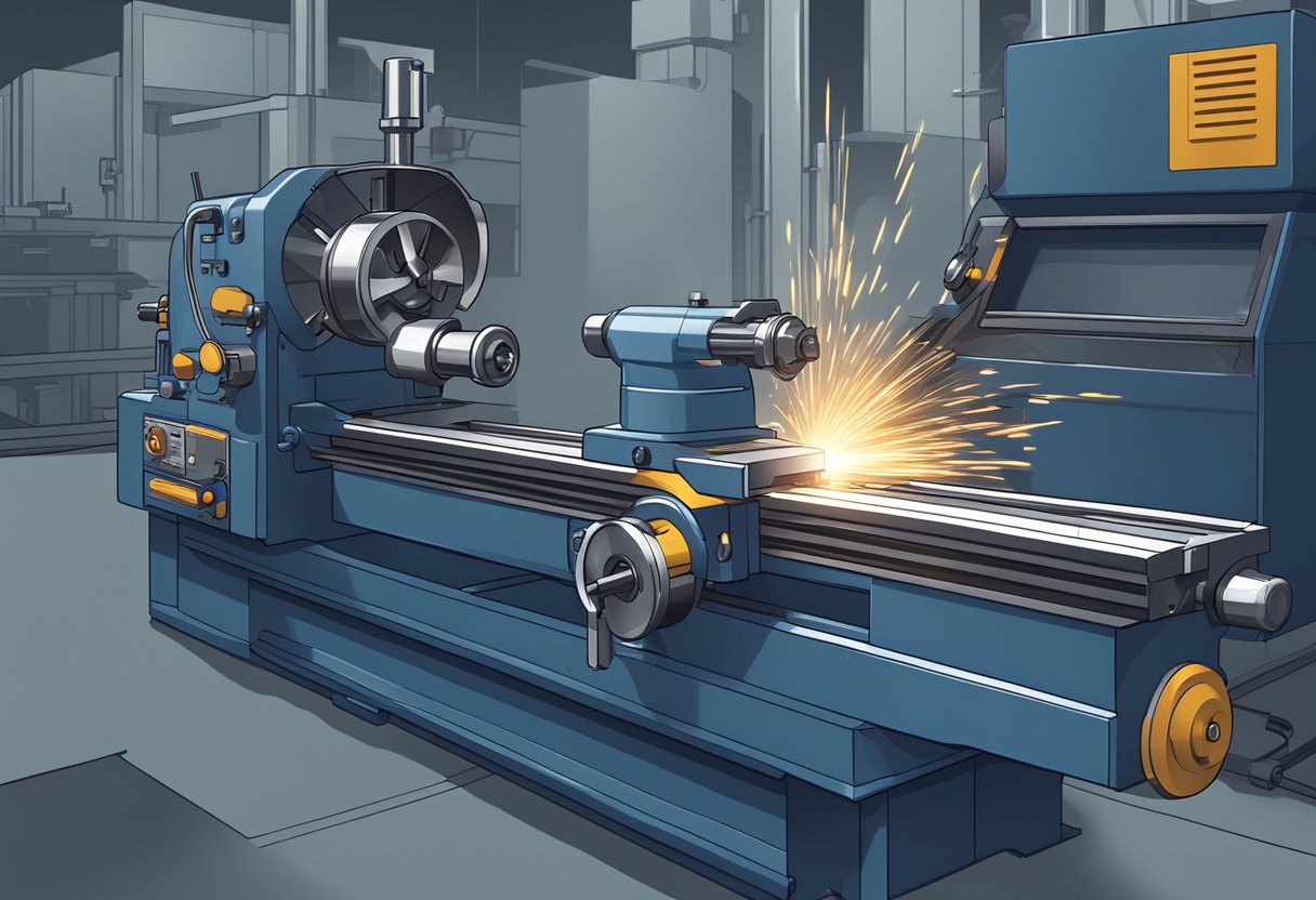 A lathe milling machine is cutting metal. Sparks fly as the machine operates. The metal piece is being shaped and smoothed