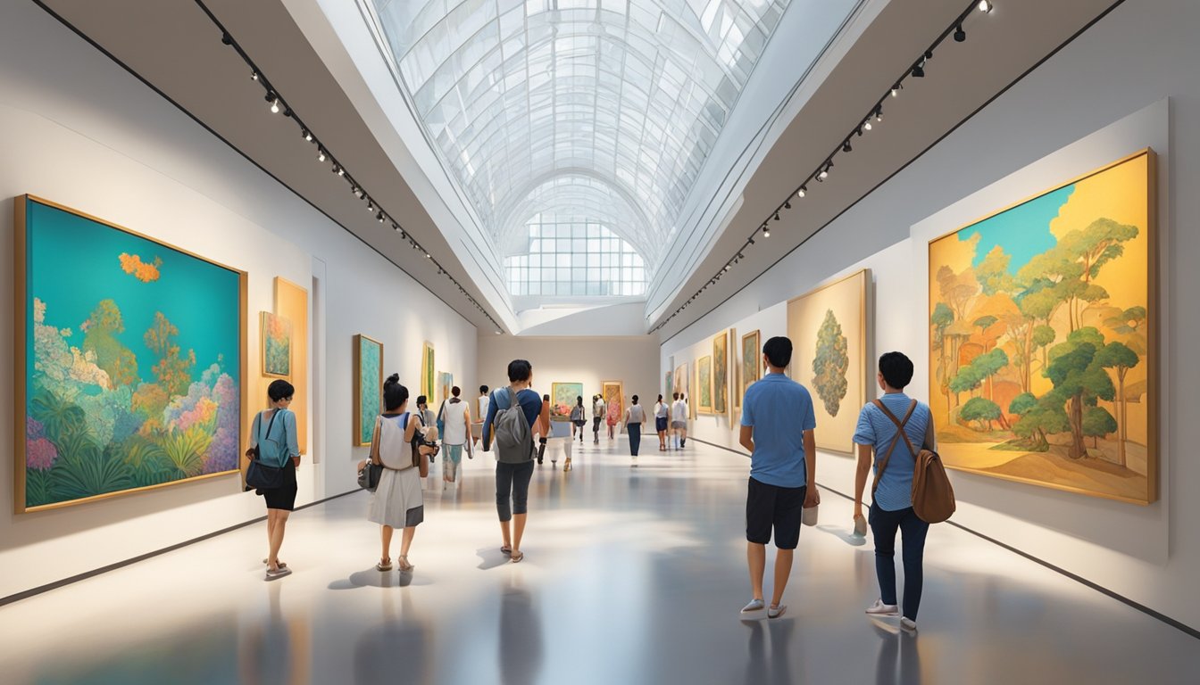 Visitors wander through the Singapore Art Museum, admiring vibrant paintings and intricate sculptures. The museum's sleek architecture and dynamic exhibits create an atmosphere of creativity and inspiration