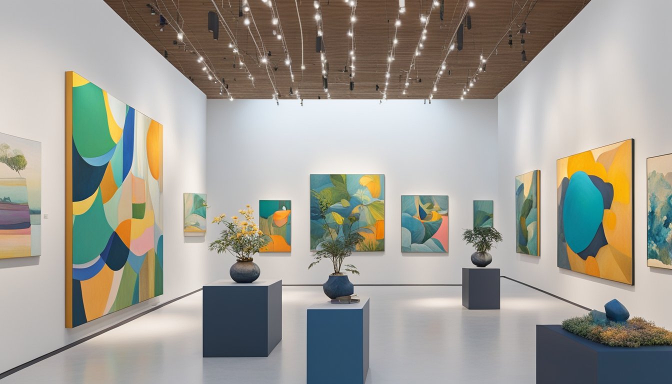 The exhibition hall is filled with vibrant artworks, from large-scale installations to delicate sculptures. Visitors are captivated by the diverse range of artistic expressions on display