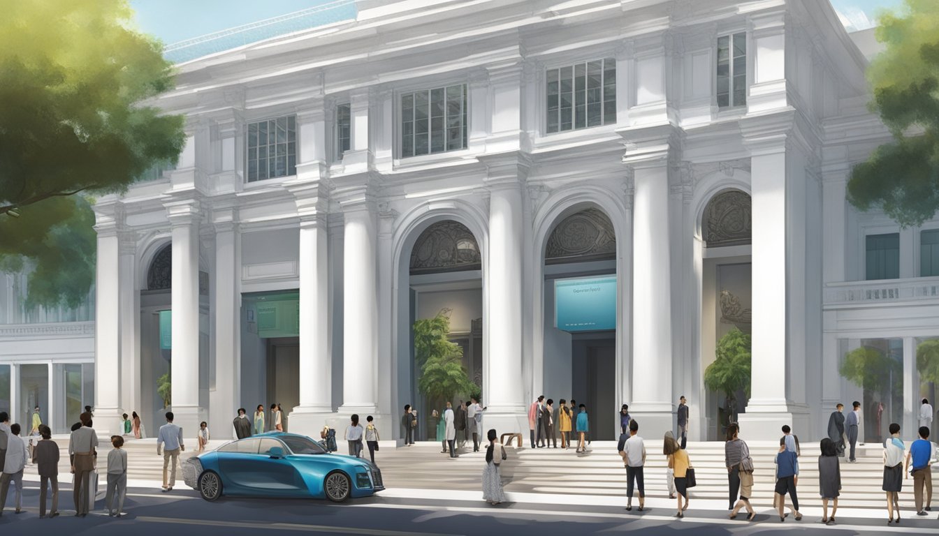 A vibrant crowd gathers around the entrance of the Singapore Art Museum, eagerly anticipating the exclusive benefits of membership. The facade of the museum exudes an air of sophistication and creativity, drawing in art enthusiasts from all over