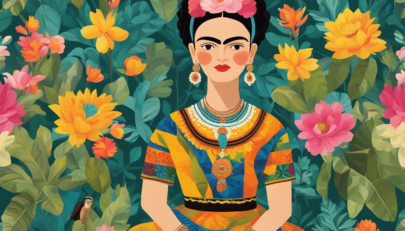 Vibrant colors and bold patterns fill the room, showcasing the iconic style of Frida Kahlo. Paintings and personal artifacts line the walls, creating a powerful and emotional atmosphere