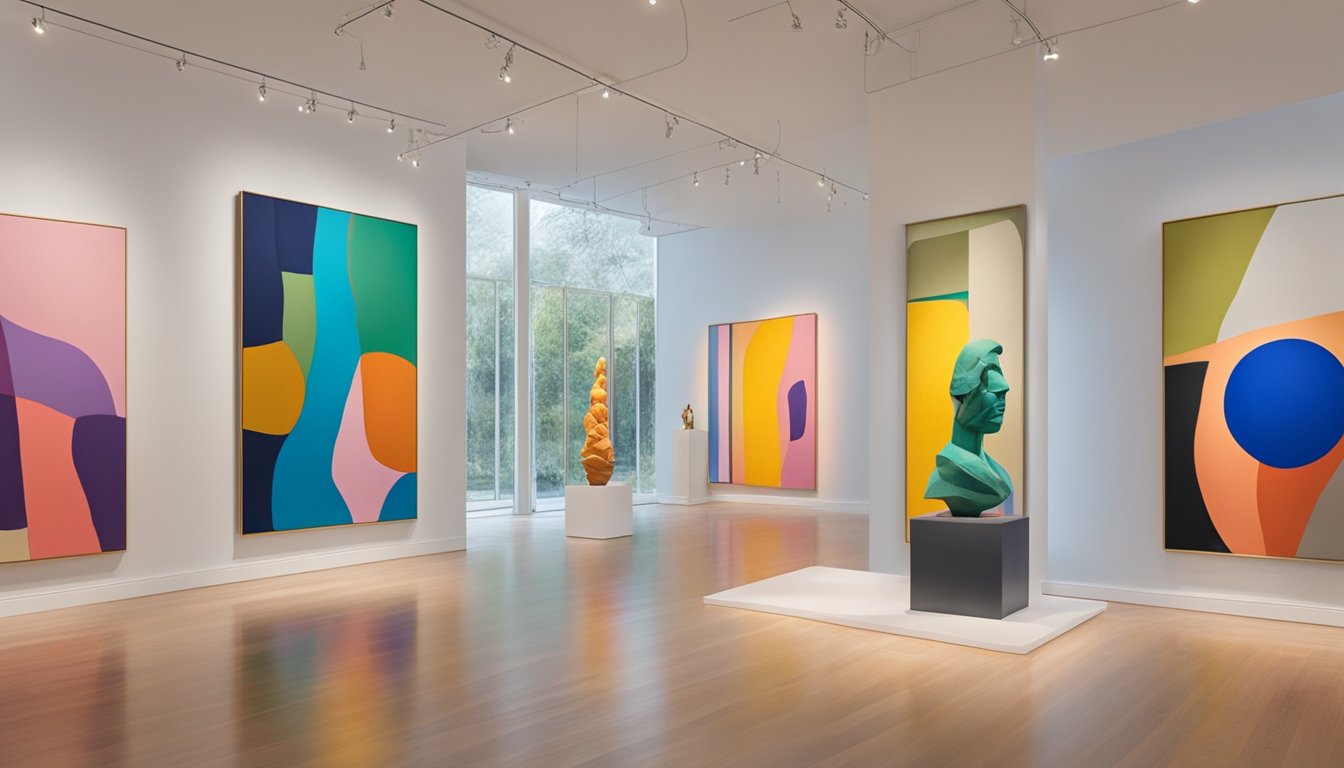 Vibrant sculptures and installations fill the expansive gallery space, with colorful paintings adorning the walls. Natural light streams in through large windows, casting a warm glow over the diverse collection
