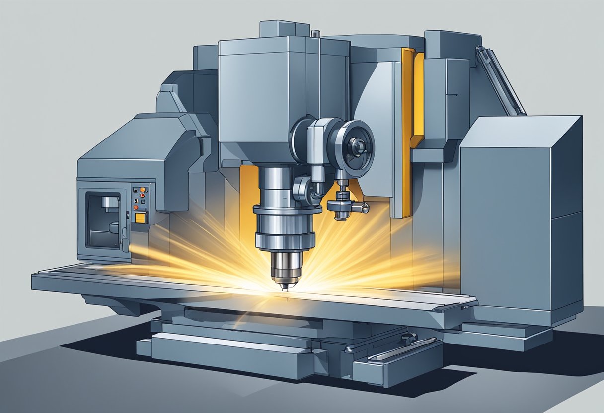 A turning milling machine rotates a workpiece while a cutting tool shapes it. The machine's spindle and cutting tool move in multiple axes to create precise and complex shapes