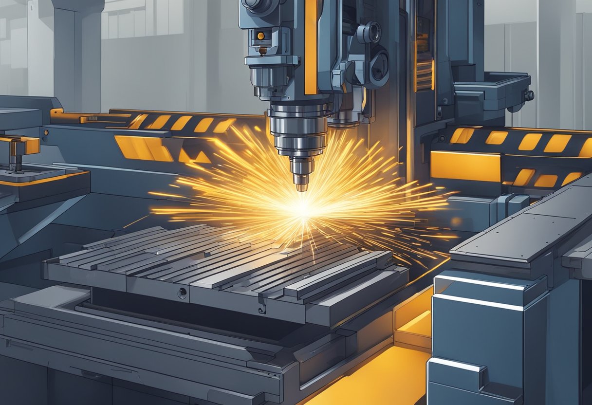 CNC milling lathes cutting metal with precision. Sparks fly as the machine carves intricate patterns. The workshop is filled with the sound of whirring and clanking