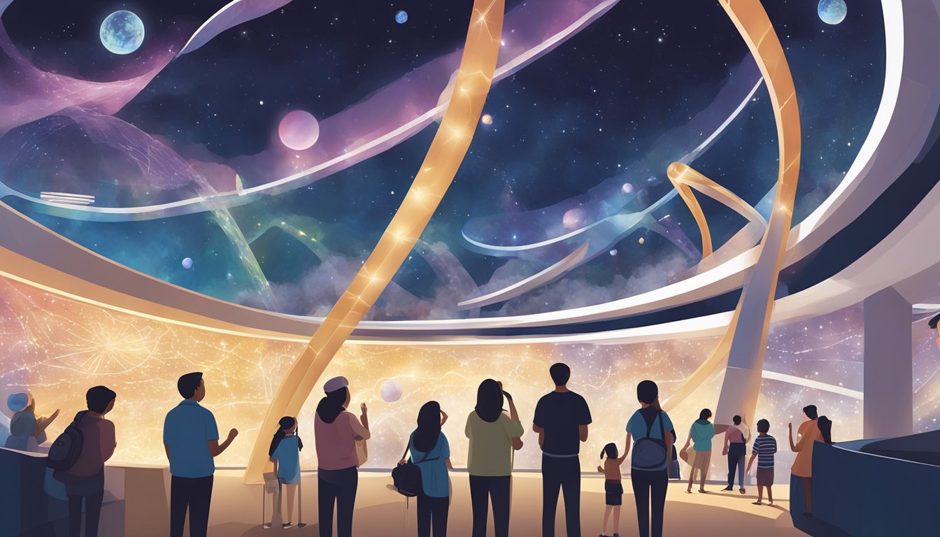 Visitors exploring interactive exhibits, marveling at the giant DNA helix, and observing the planetarium's captivating celestial displays at Singapore Science Centre