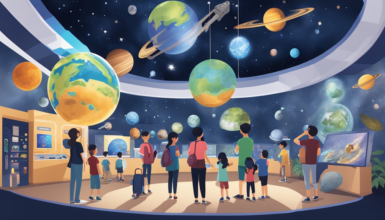 Visitors enjoying interactive exhibits, planetarium shows, and educational workshops at Singapore Science Centre