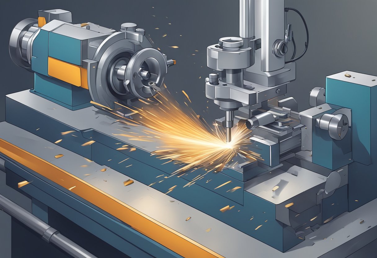 A lathe machine cutting into a metal rod, creating precise grooves and shapes. Metal shavings flying off as the tool spins and carves