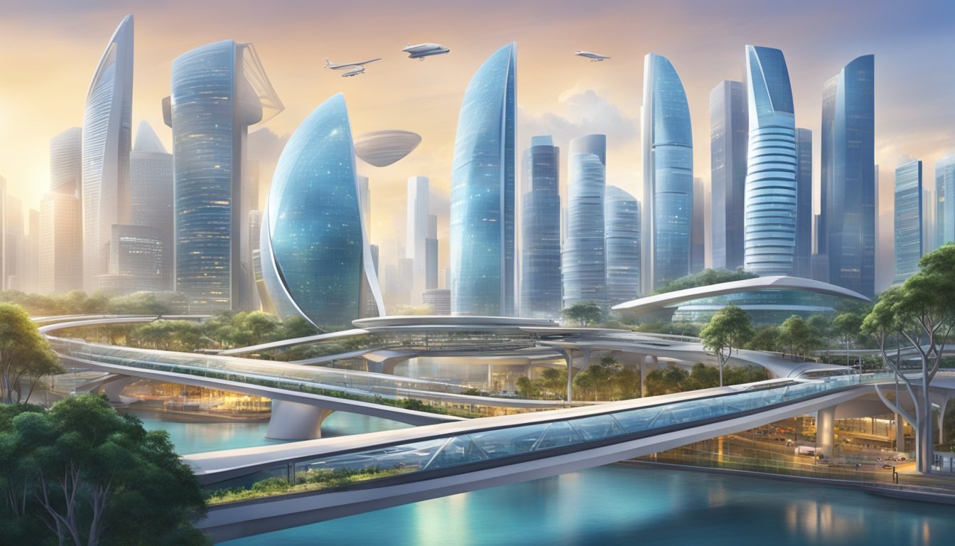 A futuristic cityscape with a prominent bridge connecting Singapore to the Asia Pacific, surrounded by advanced technology and scientific innovations at the Singapore Science Centre