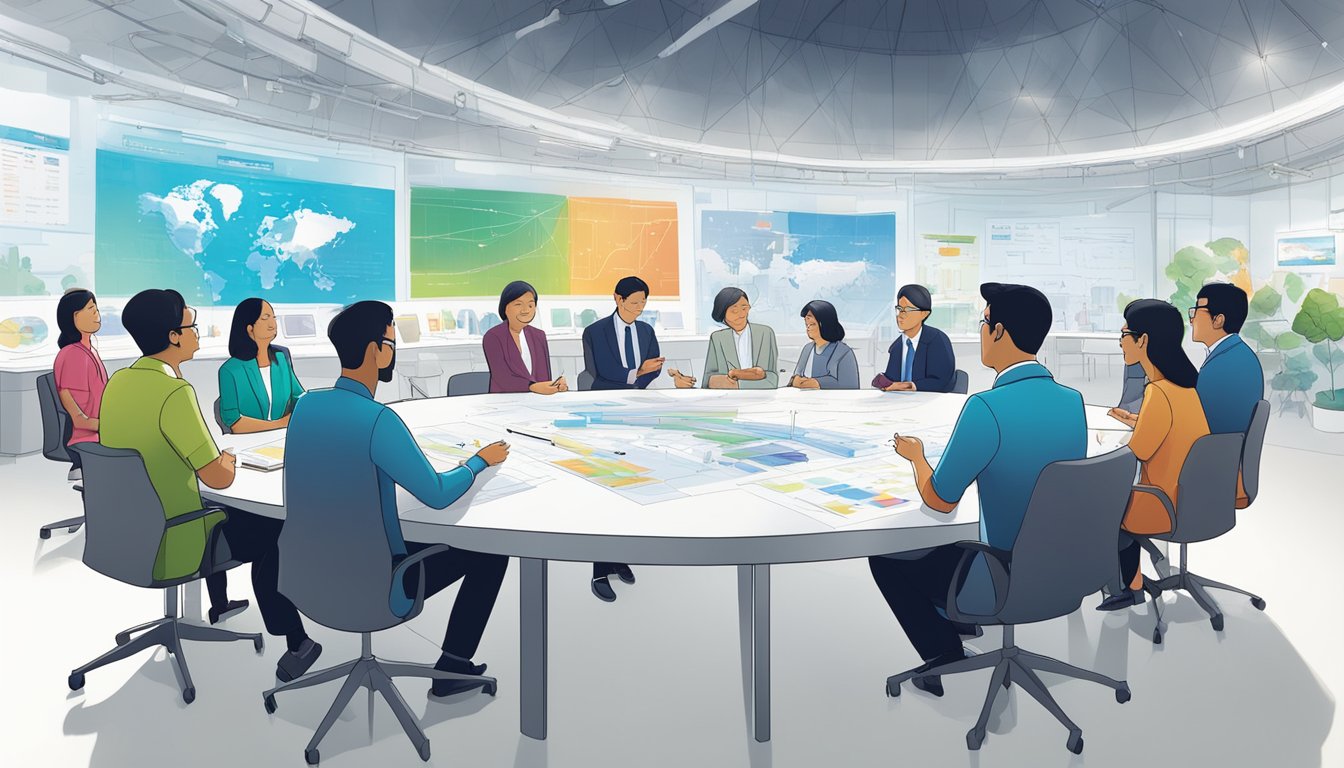 A group of visionary leaders gather around a table, discussing plans and ideas for the future of the Science Centre Singapore. Charts, graphs, and models are spread out, illustrating their vision for the exciting attraction