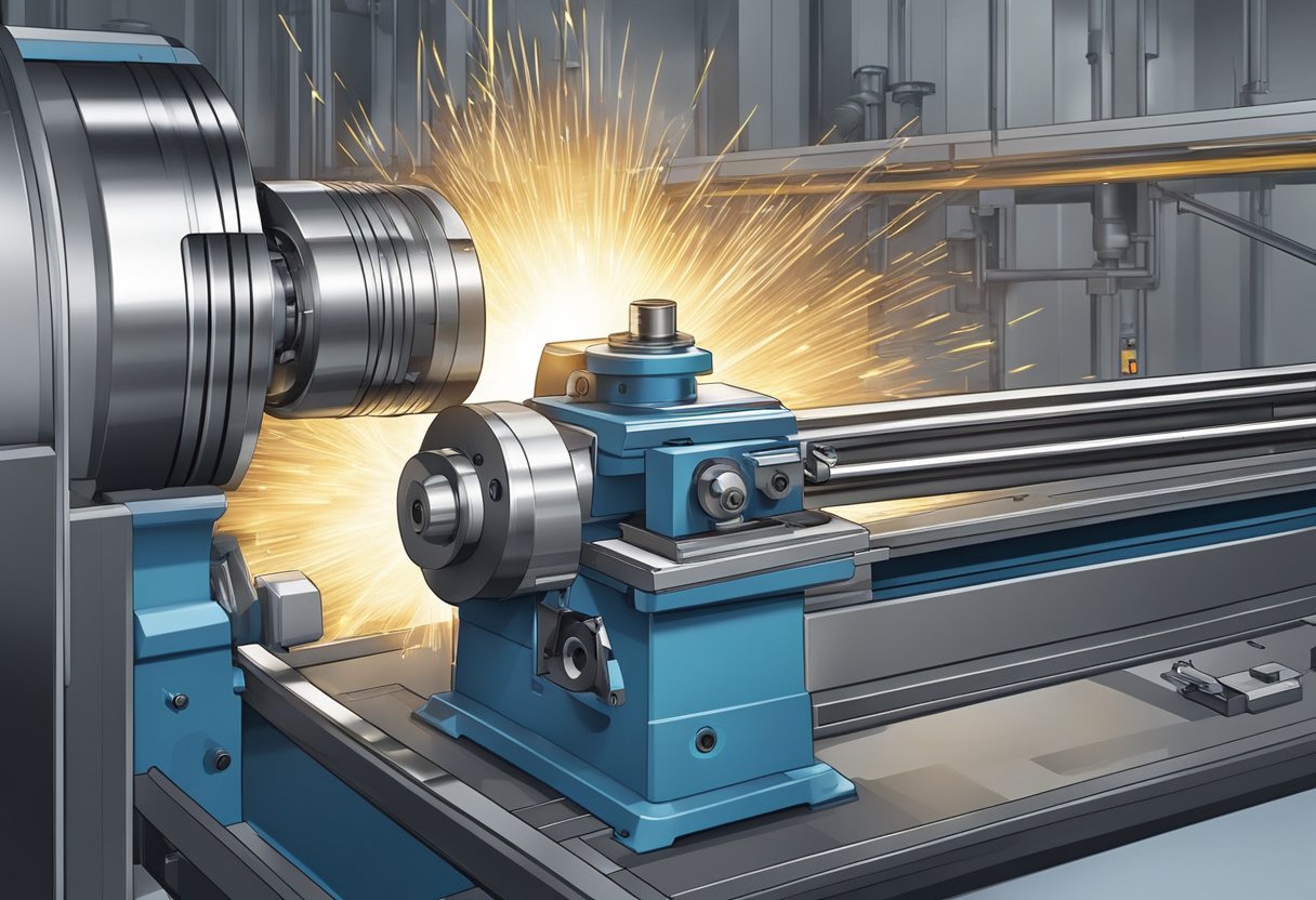 A lathe milling machine in action, cutting and shaping metal with precision and efficiency. Sparks flying as the machine works with speed and accuracy