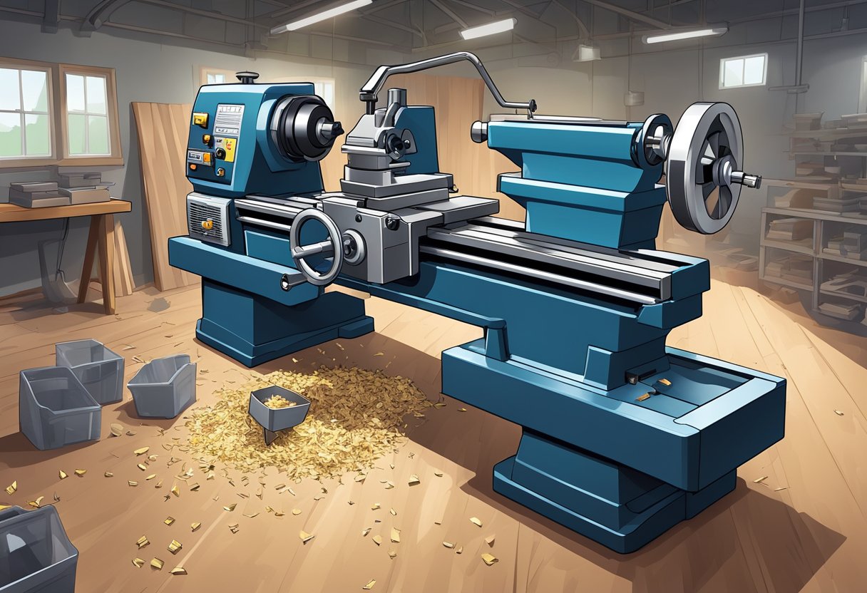 A lathe milling machine in a workshop, with metal shavings scattered on the floor and a bright overhead light illuminating the area