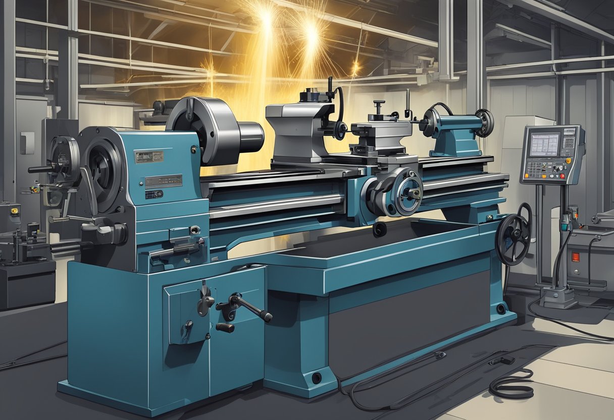 A lathe milling group operates with precision, cutting metal with accuracy and skill. Sparks fly as machines hum with activity