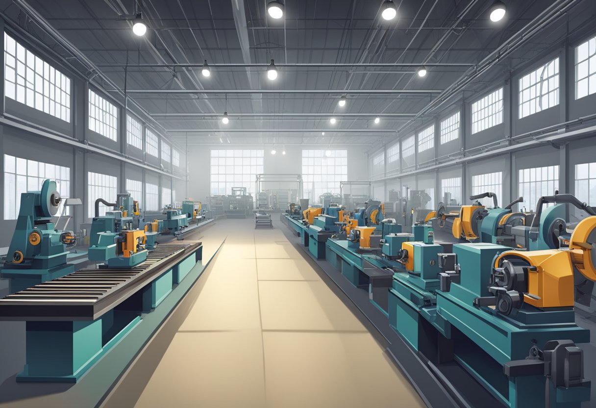 A spacious workshop with rows of lathe milling boring machines, each equipped with various cutting tools and materials. Bright overhead lighting illuminates the industrial setting
