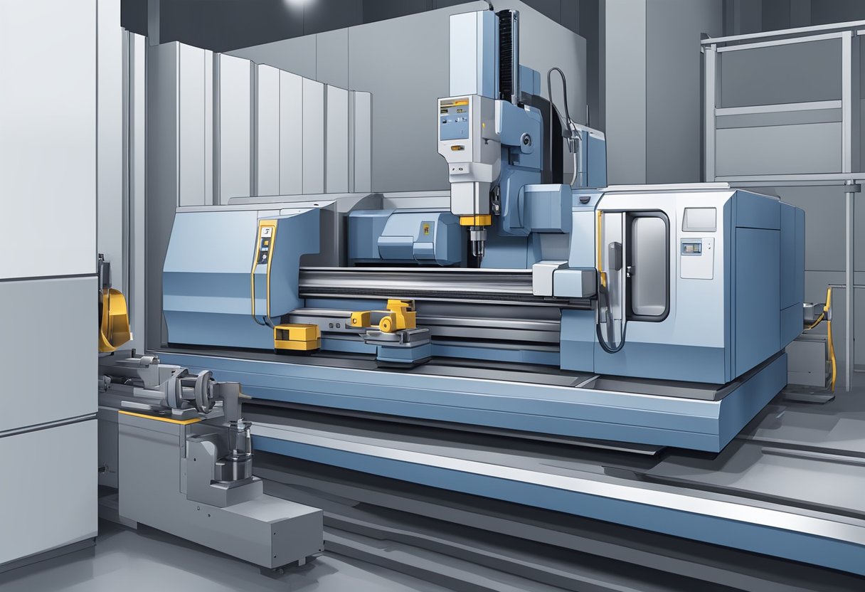 A CNC turning and milling machine in operation, with precision cutting and shaping metal parts