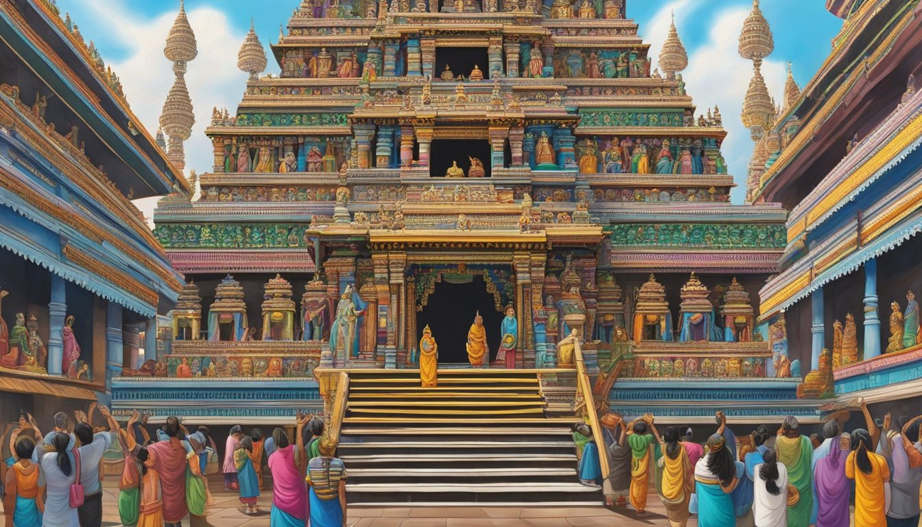 The Sri Mariamman Temple stands tall, adorned with intricate carvings and colorful statues. Incense fills the air as worshippers offer prayers and make offerings at the sacred site