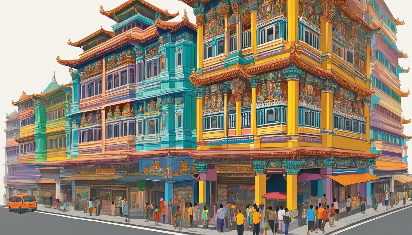 The Sri Mariamman Temple in Chinatown bustles with vibrant colors and intricate architecture. Incense fills the air as visitors explore the ornate carvings and statues, creating a lively and enchanting scene for an illustrator to recreate