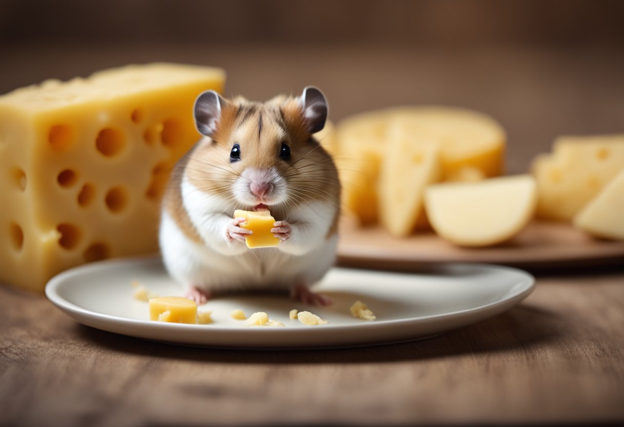 A hamster stands on its hind legs, sniffing a small piece of cheese on a plate
