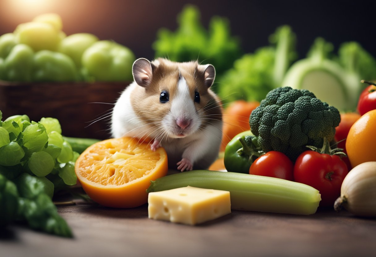 A hamster sits beside a small pile of fresh vegetables and fruits, with a piece of cheese nearby