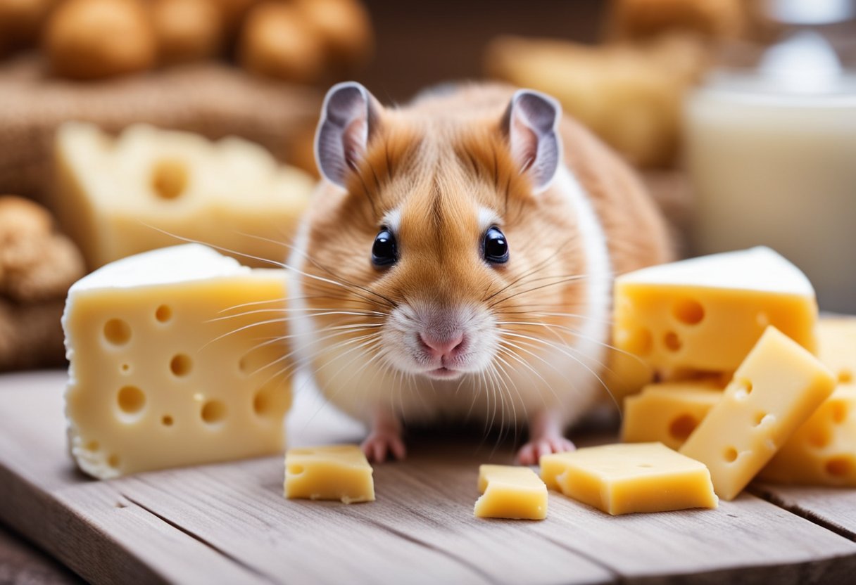 A hamster sniffs a piece of cheese, while a health chart shows various hamster activities