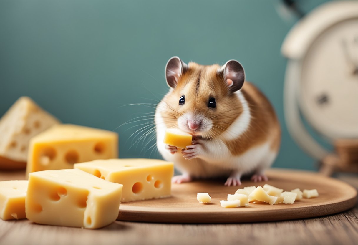 A hamster sits near a small piece of cheese, sniffing it cautiously