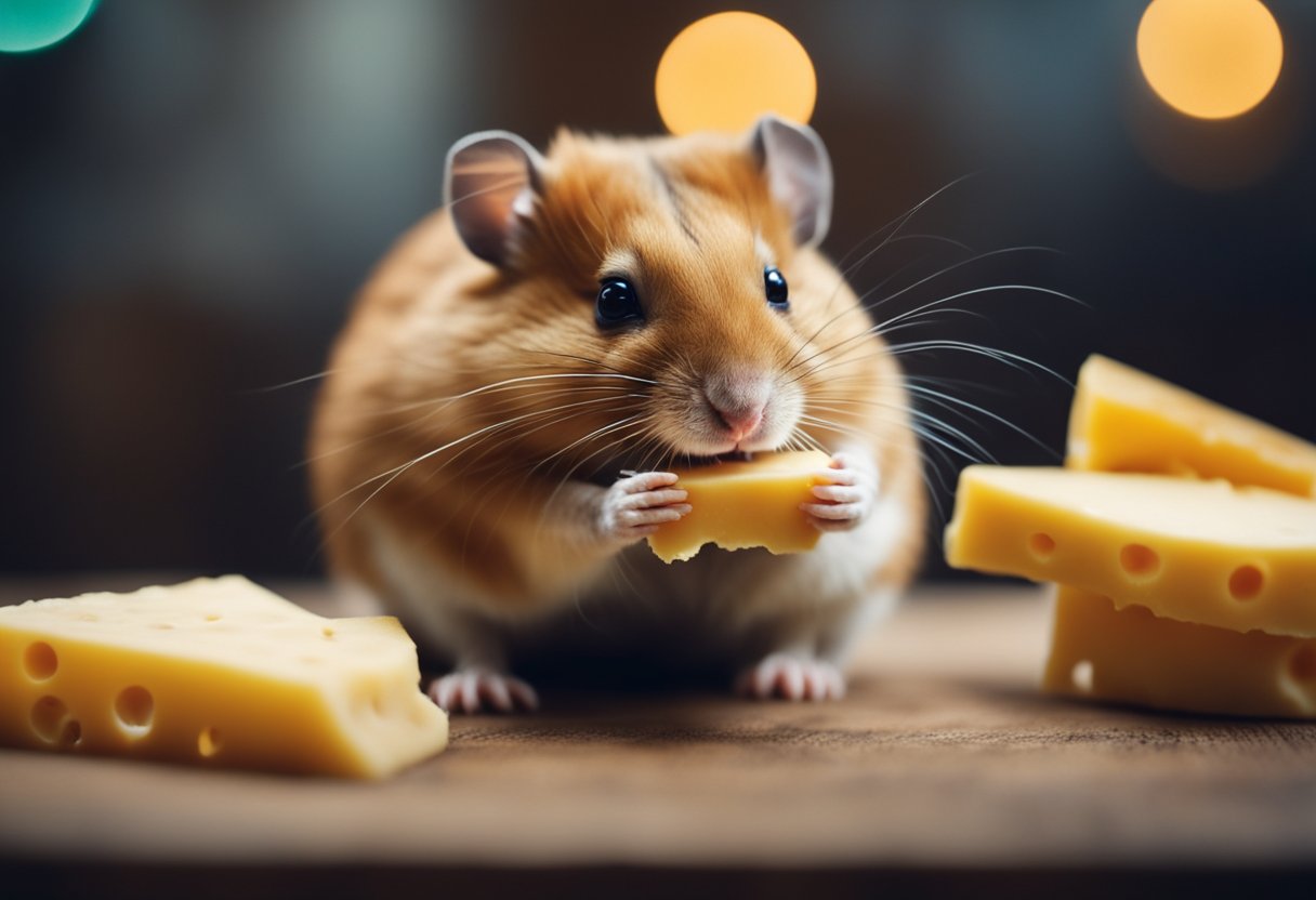 A curious hamster sniffs a piece of cheese, pondering its suitability as a snack
