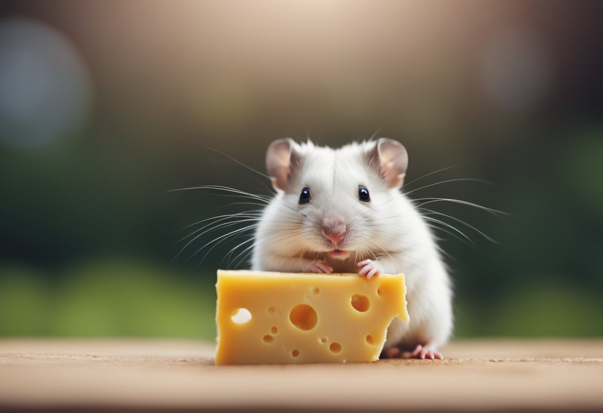 A curious hamster sniffs a small piece of cheese, while a question mark hovers above its head