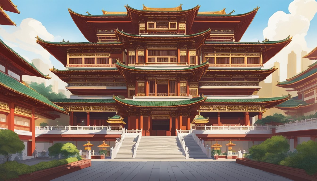 The grand Buddha Tooth Relic Temple stands tall, adorned with intricate carvings and colorful decorations. The tranquil courtyard is filled with fragrant incense, and the majestic temple entrance beckons visitors to explore its ancient wonders