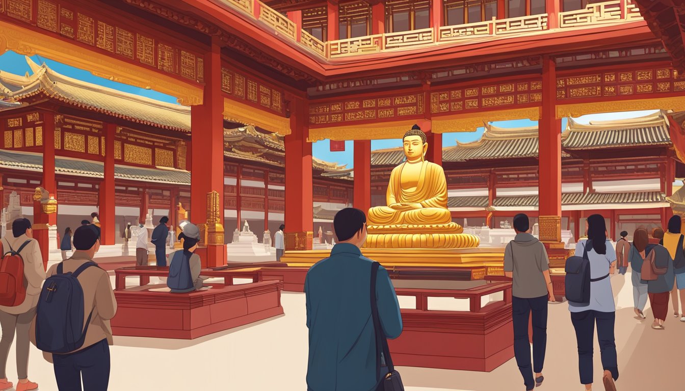 Visitors explore Buddha Tooth Relic Temple and Museum, admiring ancient artifacts and learning about Buddhist history