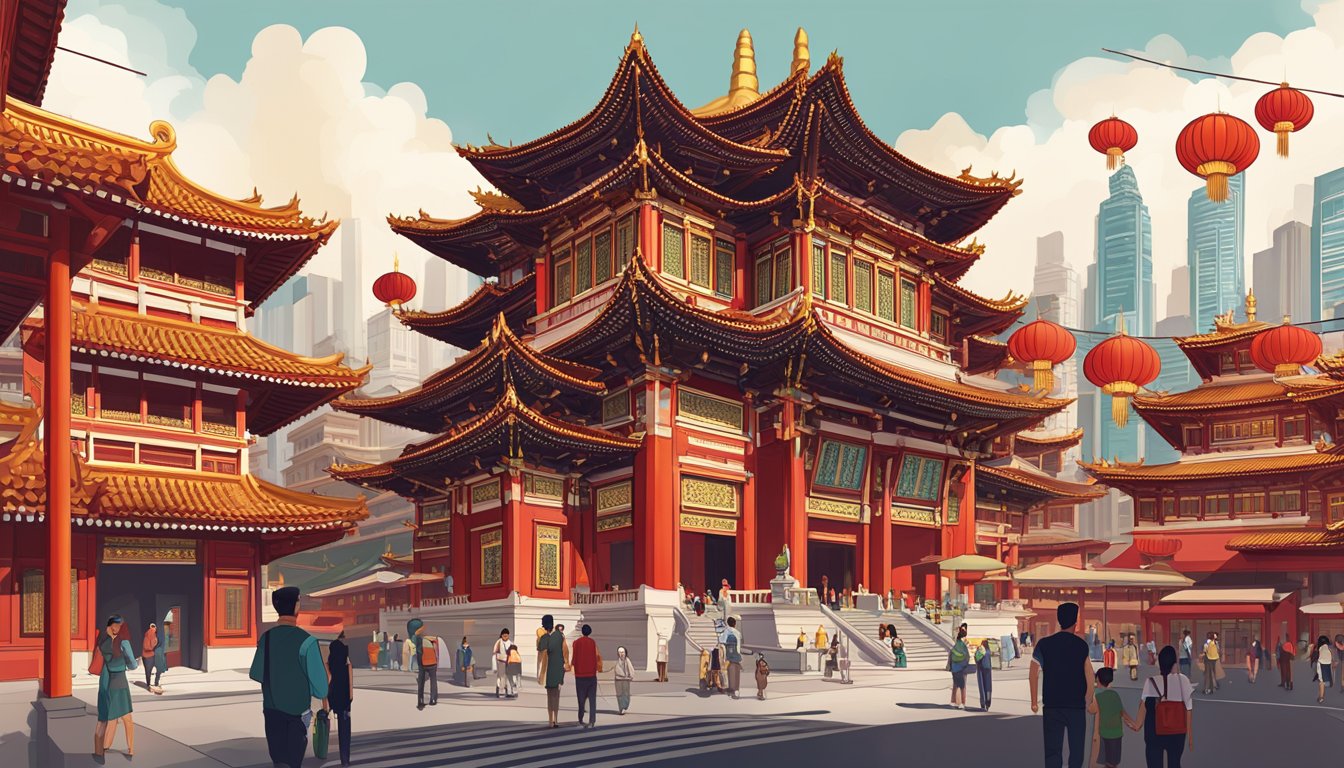 The bustling streets of Chinatown surround the Buddha Tooth Relic Temple and Museum. Vibrant red and gold decorations adorn the ornate building, while the scent of incense fills the air. The temple's intricate architecture stands out against the modern cityscape