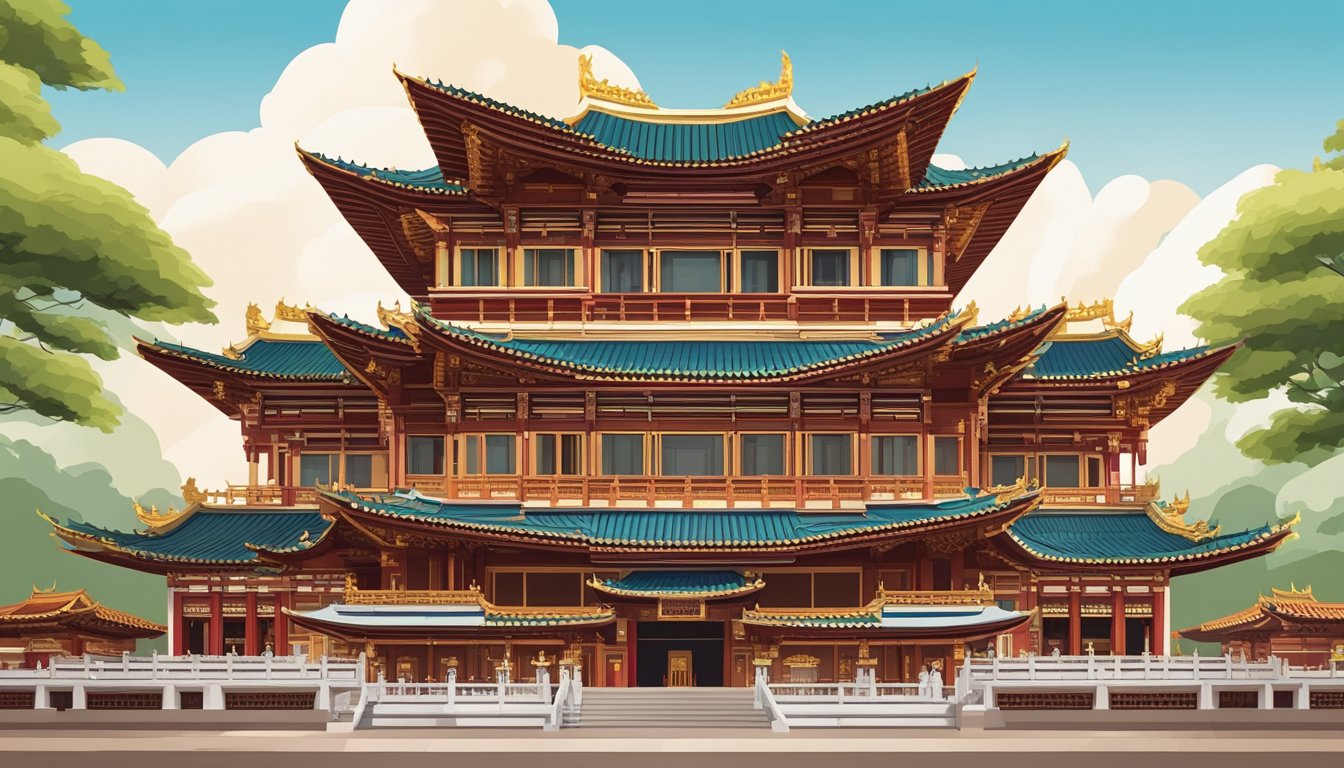 The Buddha Tooth Relic Temple stands tall, adorned with intricate carvings and vibrant colors. The ornate roof and intricate details make it a stunning sight to behold