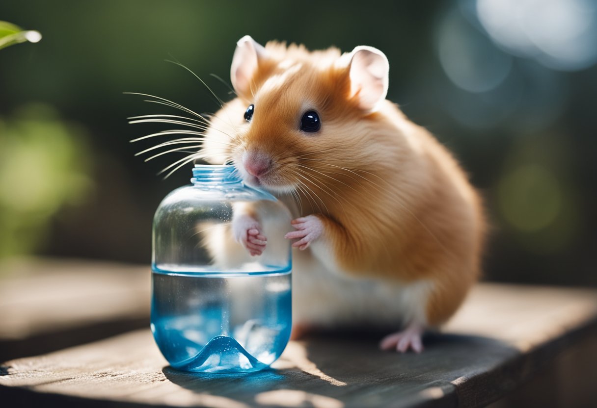 A hamster sipping from a water bottle in its cage