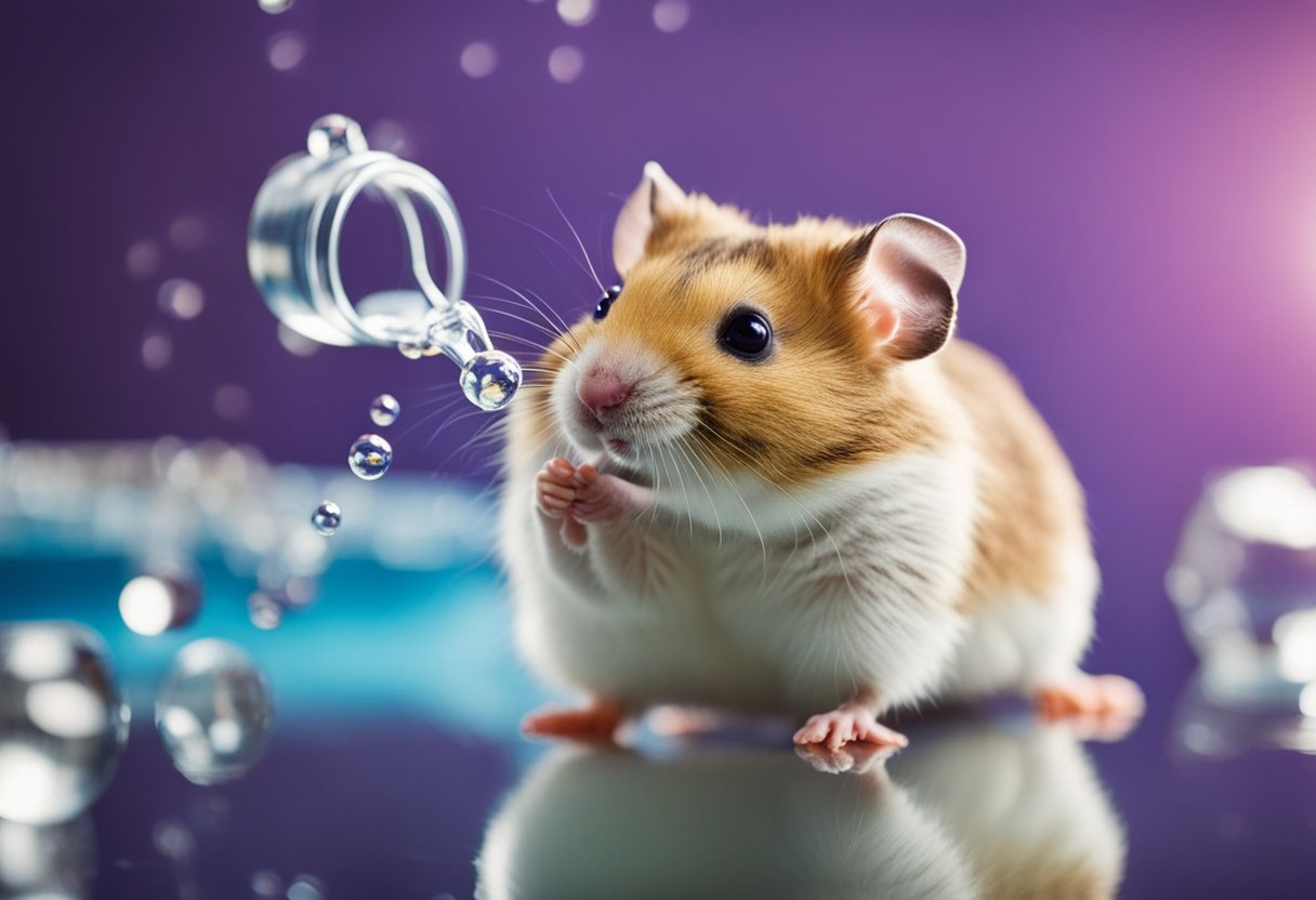 A hamster is sipping water from a small bottle attached to the side of its cage. The water droplets are visible as it drinks