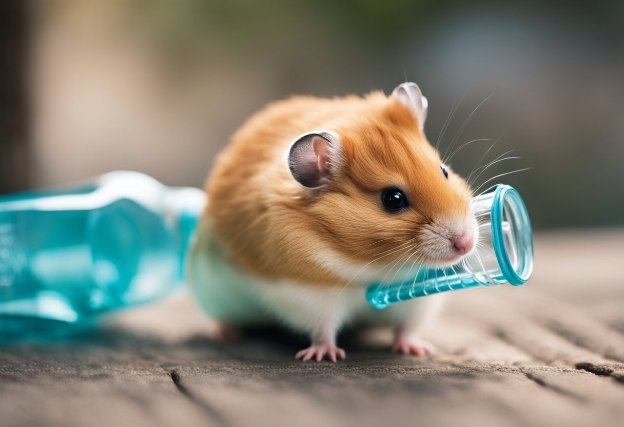 A hamster sips from a water bottle attached to its cage, ensuring safe drinking practices
